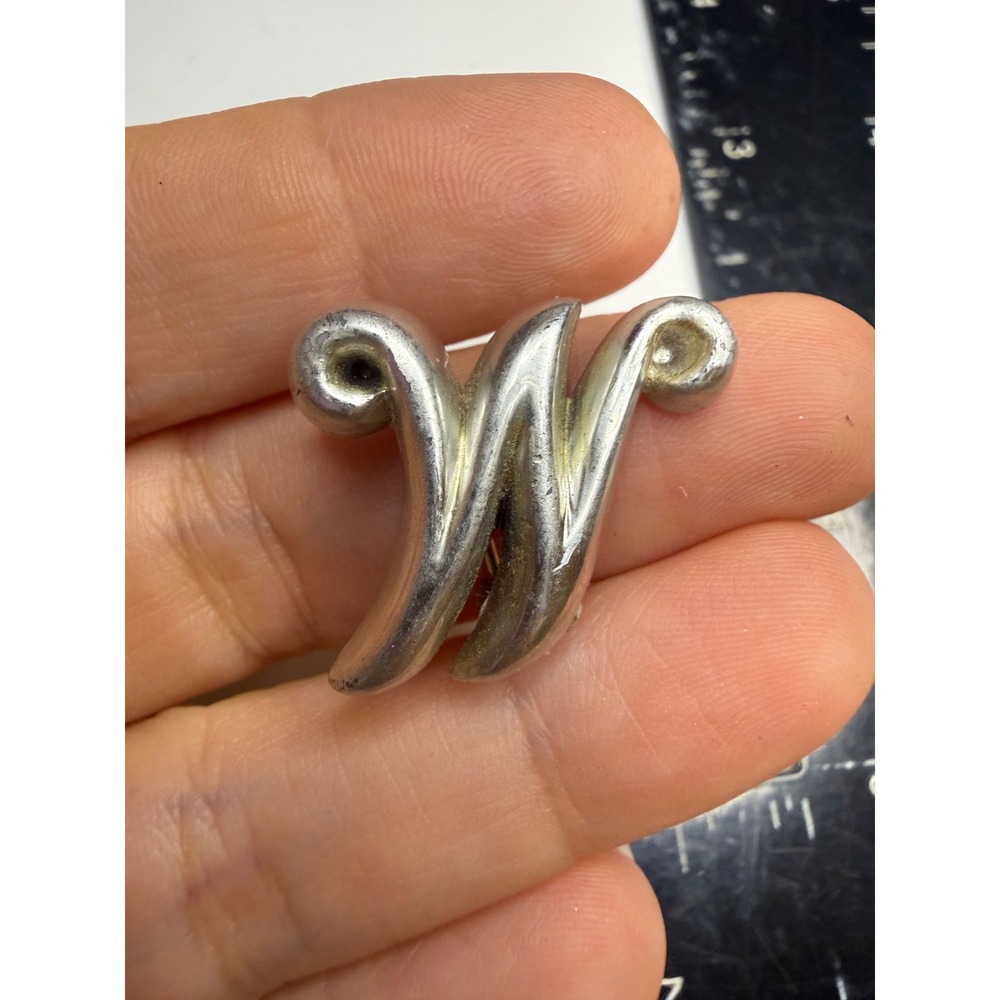 Vintage Silver Tone Initial Letter W Brooch Pin Script Monogram Accessory